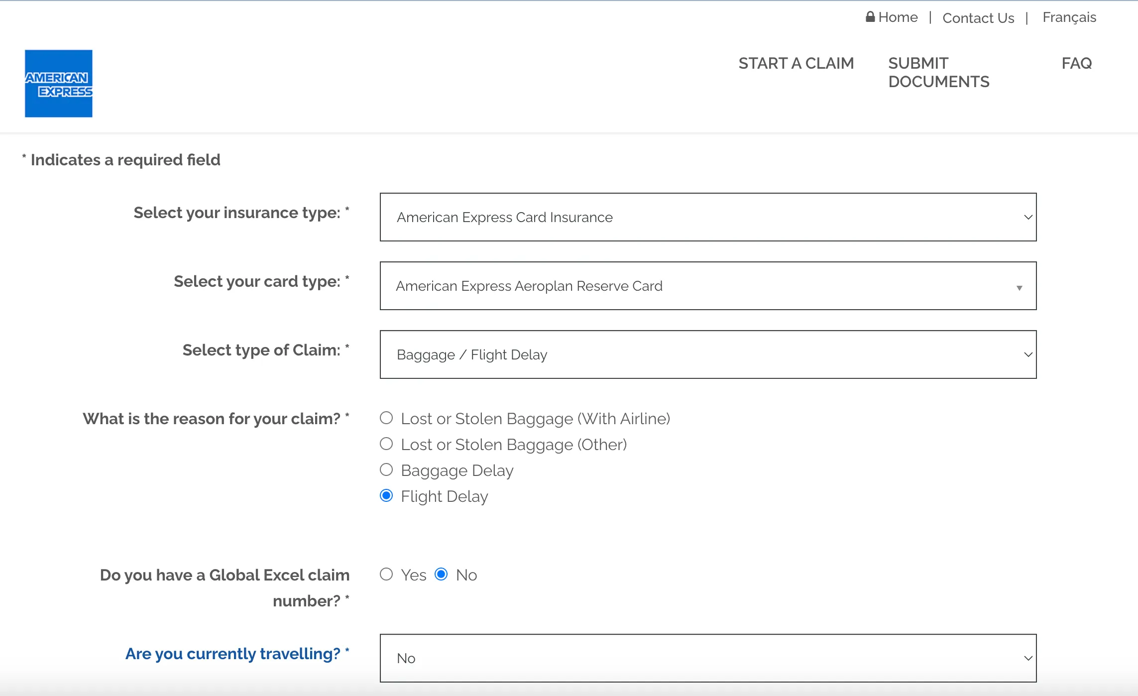 American Express Card Insurance claim form with dropdown menus for insurance type, card type, and claim type.
