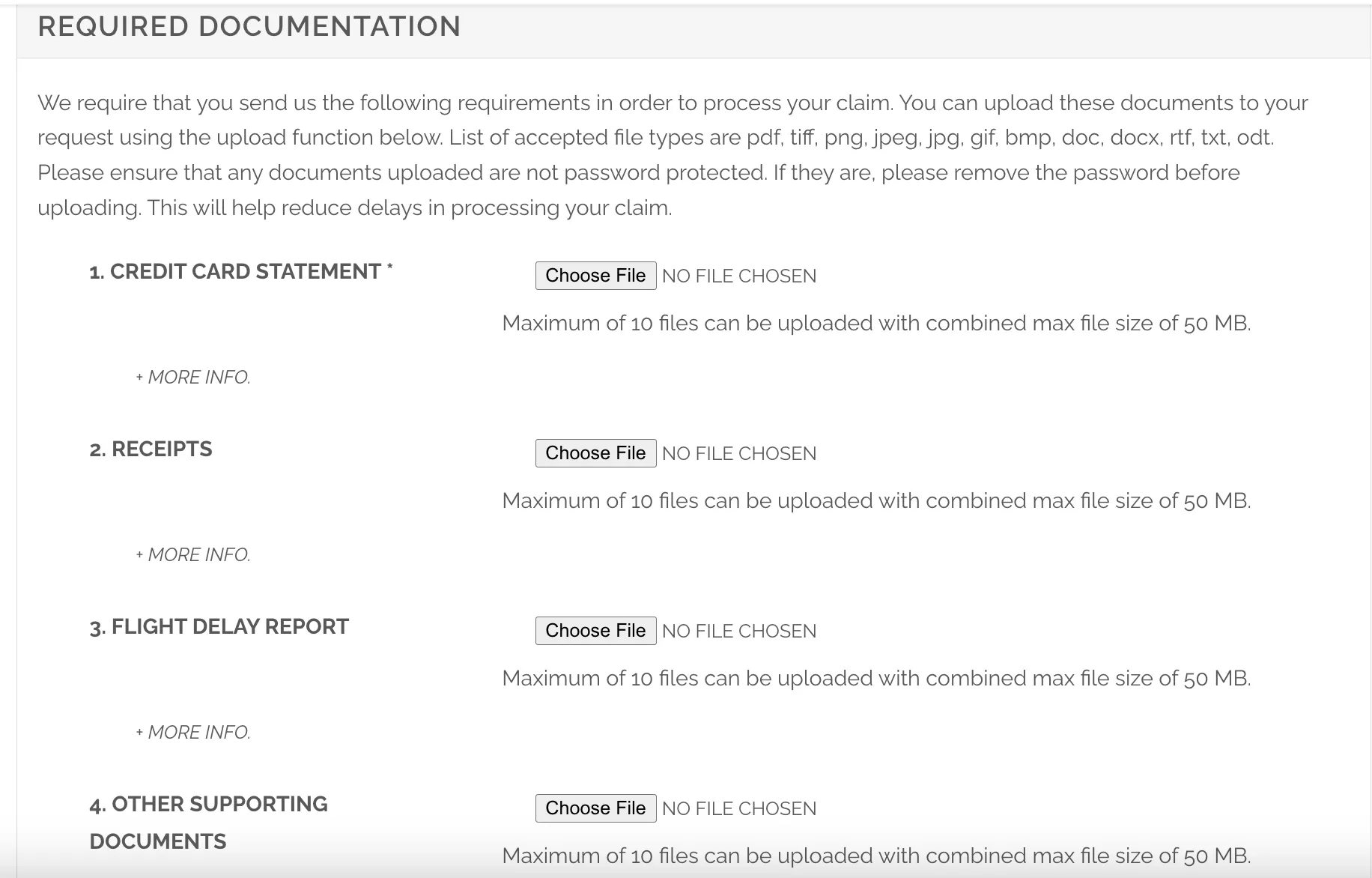 Required documentation upload form for credit card claim with fields for credit card statement, receipts, flight delay report, and supporting documents.