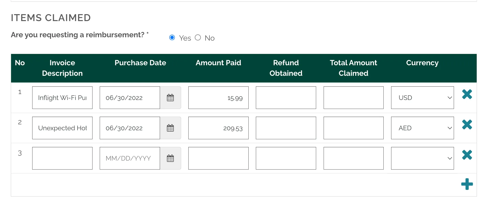 Amex expense claim form showing three items for reimbursement with invoice descriptions, purchase dates, and amounts in USD and AED currencies
