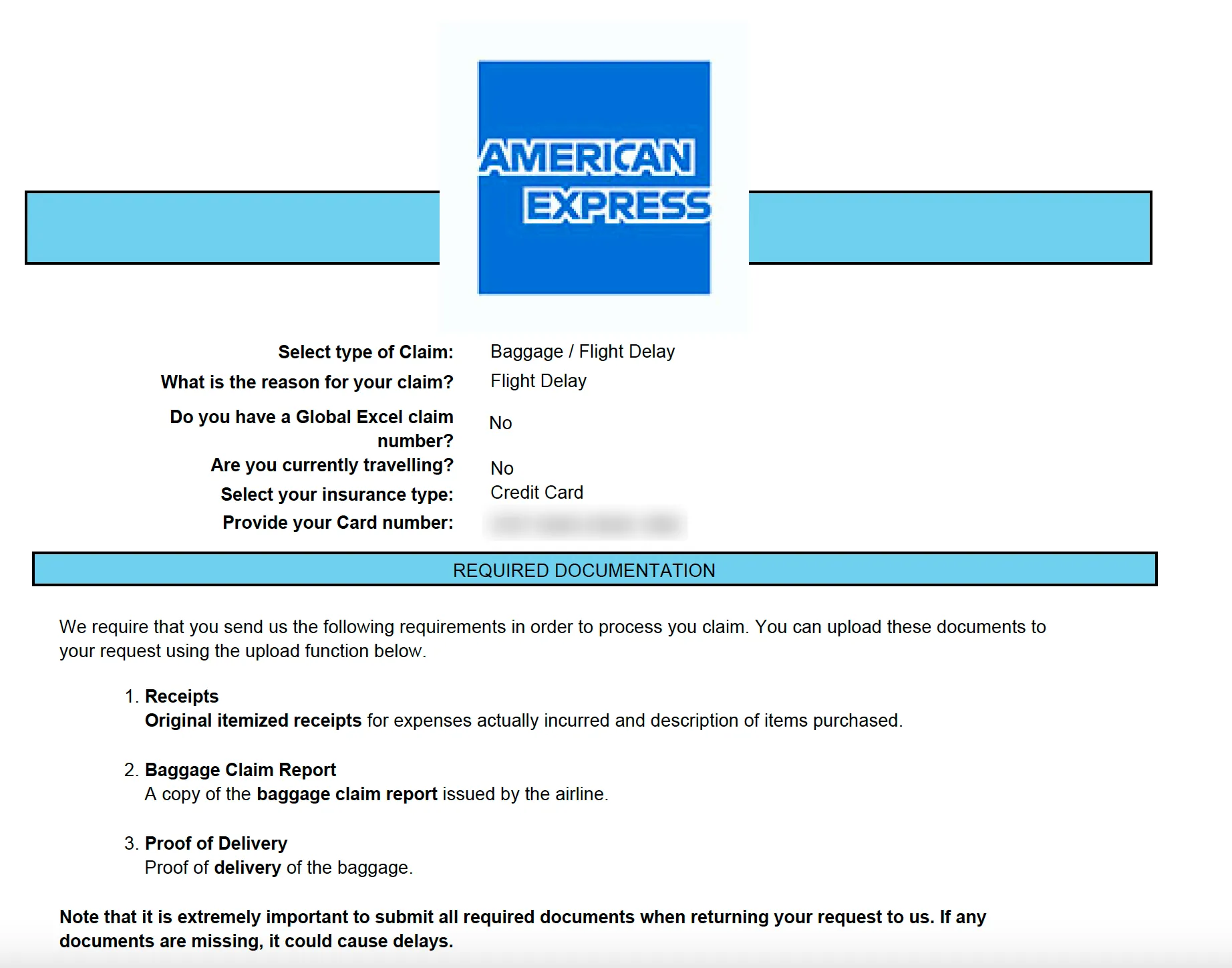 American Express claims form for baggage/flight delay with required documentation list