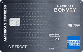 American Express Marriott Bonvoy credit card with dark gray design and contactless chip