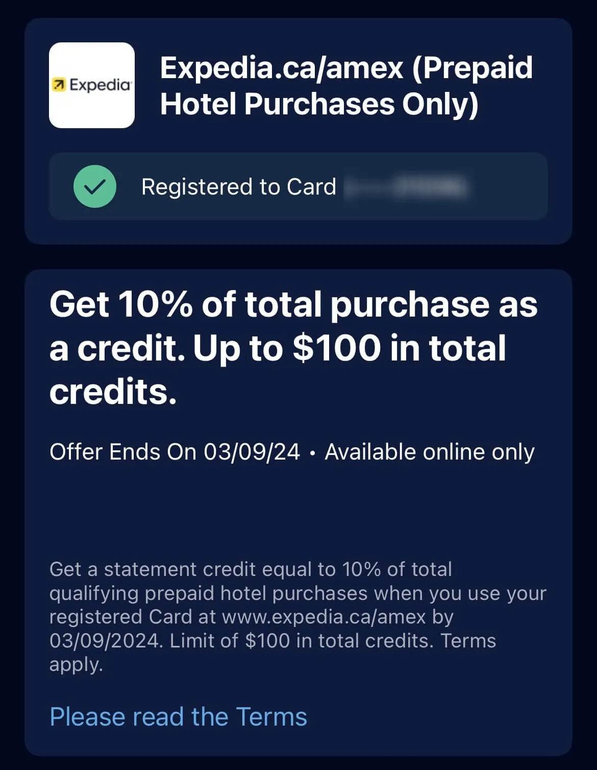 Amex offer details for Expedia.ca prepaid hotel purchases with 10% credit up to $100