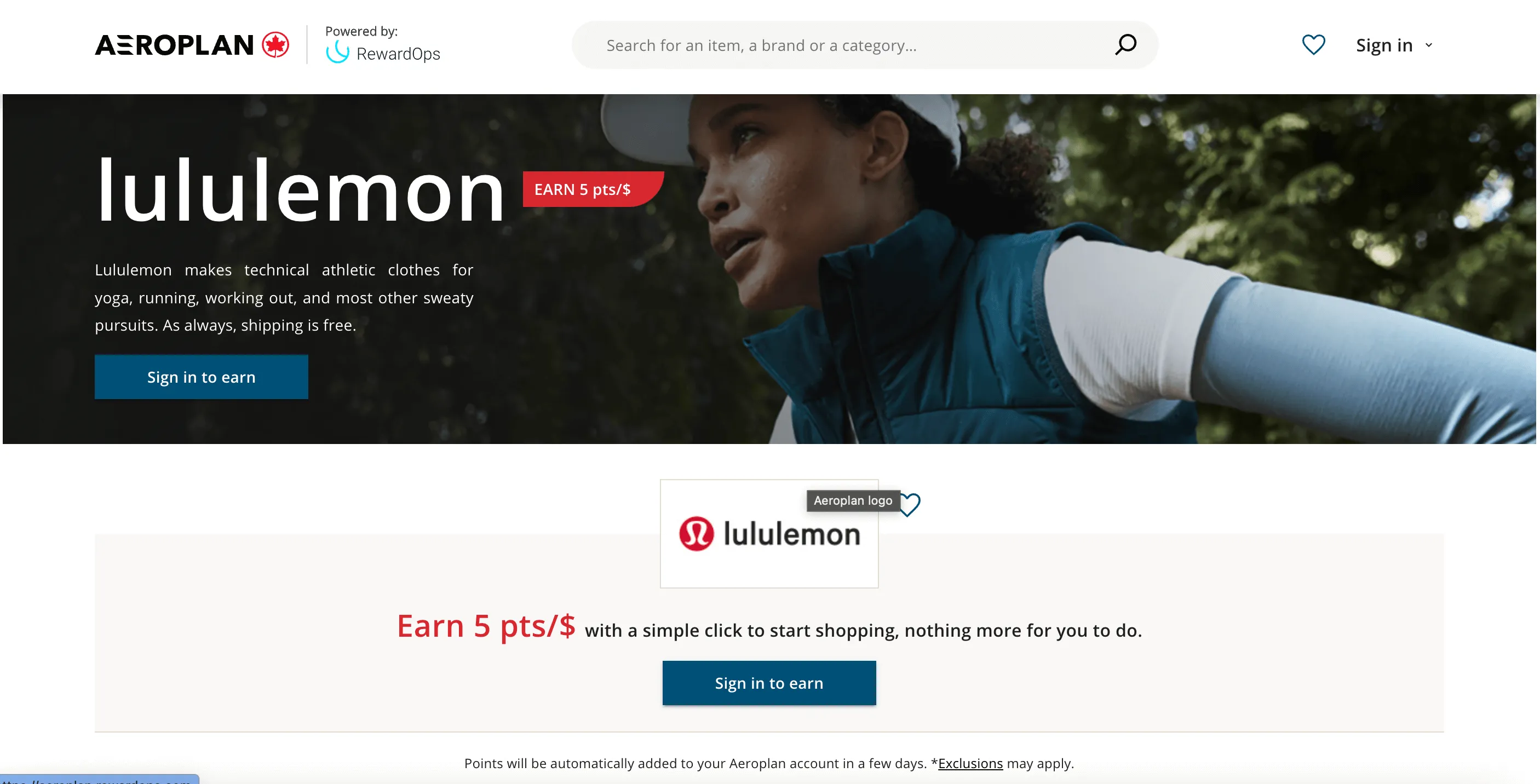 Aeroplan website showing lululemon offer with woman in athletic wear holding a yoga mat.
