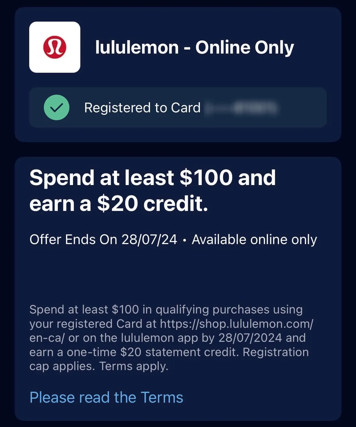 Amex offer for lululemon: $20 credit on $100+ spend, registered to card, online only until 28/07/24