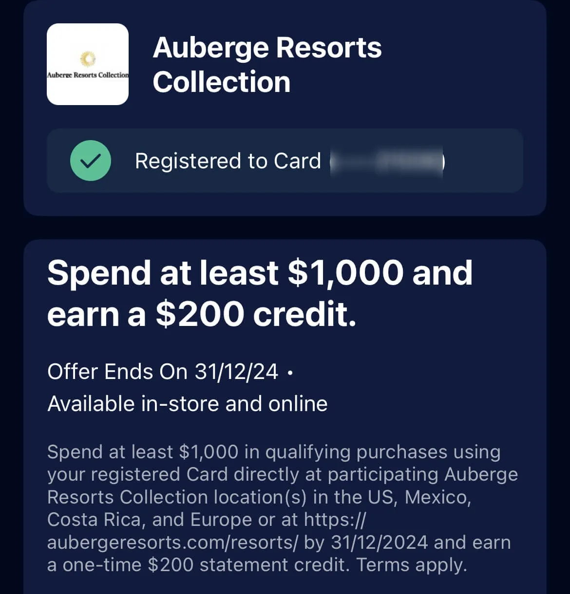 Amex Offers promotion for Auberge Resorts Collection with $200 credit on $1,000 spend