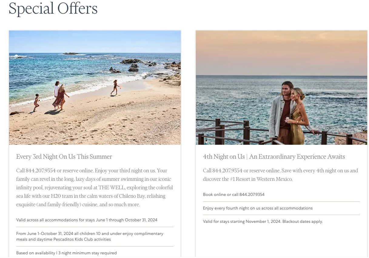 Special Offers page featuring two resort destination photos: sandy beach with swimmers and rocky coastline at sunset with couple by wooden railing.