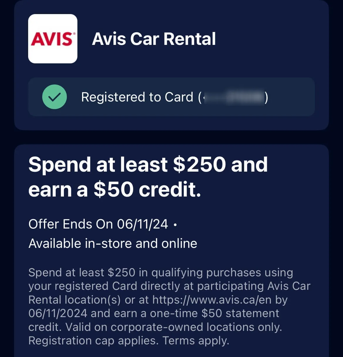 Amex offer: Avis Car Rental promotion for $50 credit on $250+ spend, registered to card, expires 06/11/24