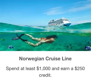 Snorkeler in turquoise ocean water with Norwegian Cruise Line ship in background