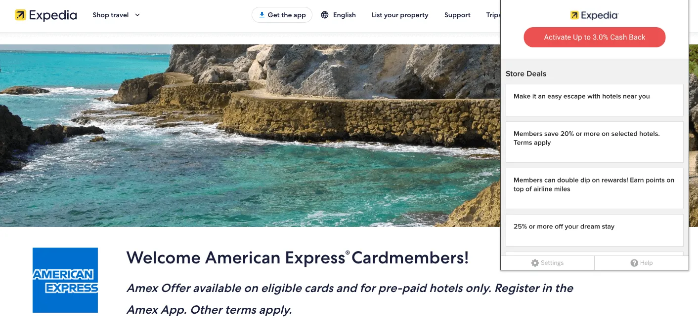 Expedia website header showing turquoise ocean and rocky coastline, with American Express cardmember promotion and Rakuten cash back offer visible