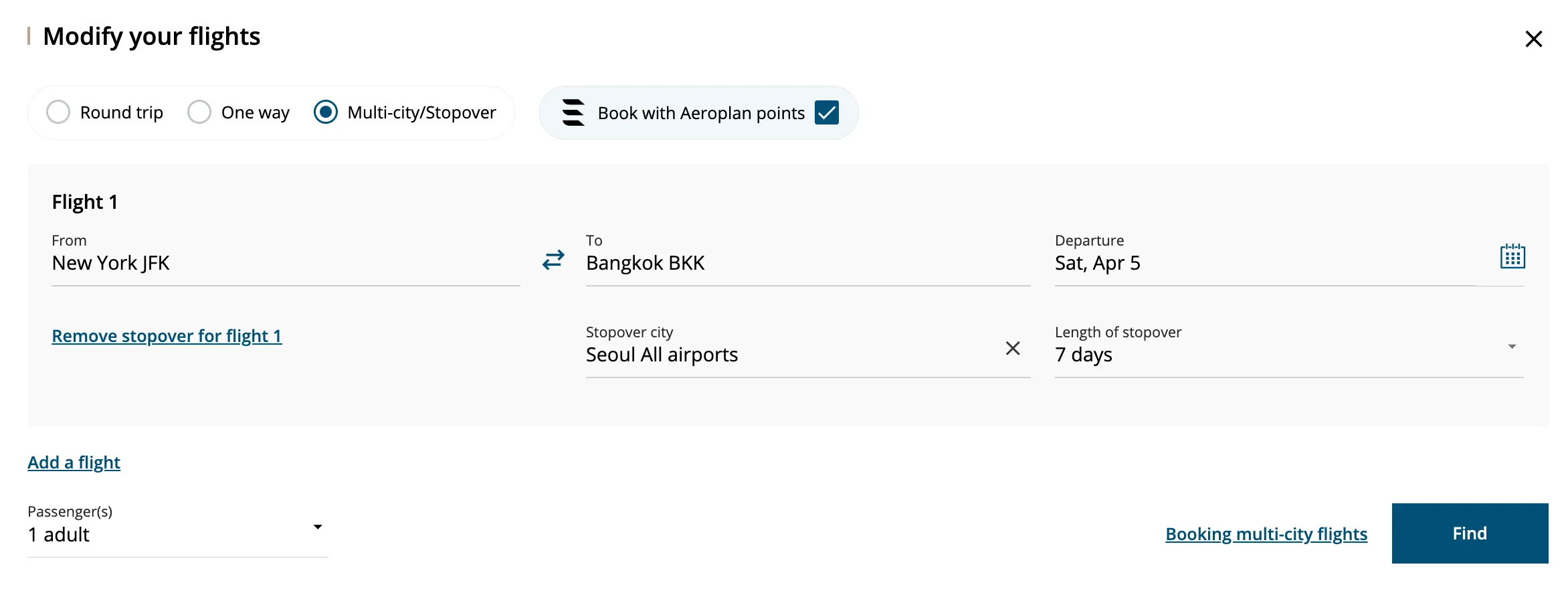 Aeroplan flight search interface showing multi-city stopover booking from New York JFK to Bangkok BKK with Seoul stopover option.