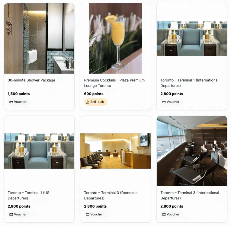 Six airport lounge and amenity redemption options in Toronto, including shower, cocktail, and seating areas across different terminals.