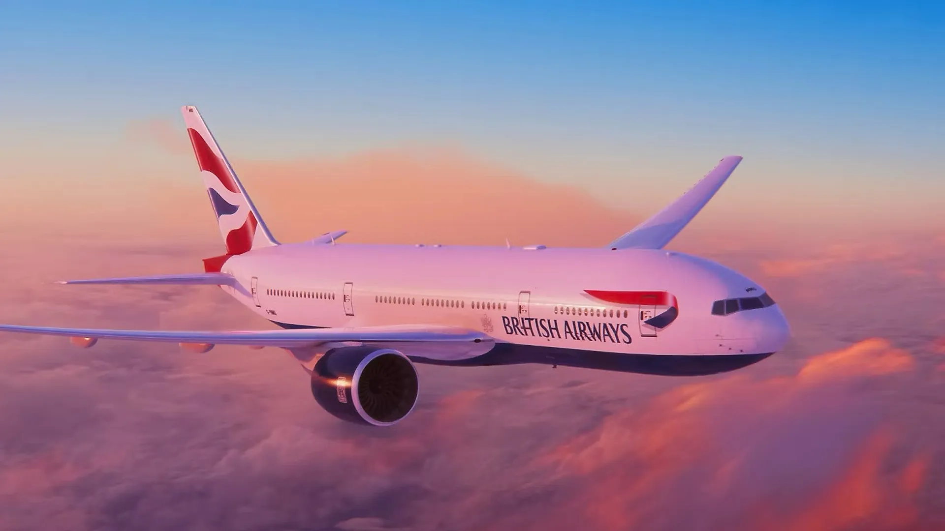 A British Airways Boeing 777-200 in flight above the clouds at sunset