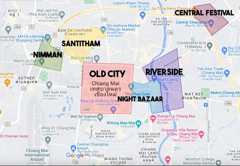 Map of Chiang Mai showing neighborhoods including Old City, Nimman, Sanitham, Riverside, and Central Festival area.