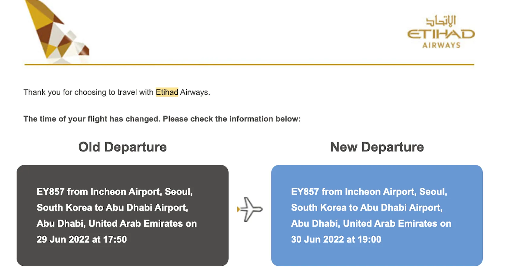 Etihad Airways flight change notification showing EY857 from Incheon Airport Seoul to Abu Dhabi with departure time change from 17:50 to 19:00