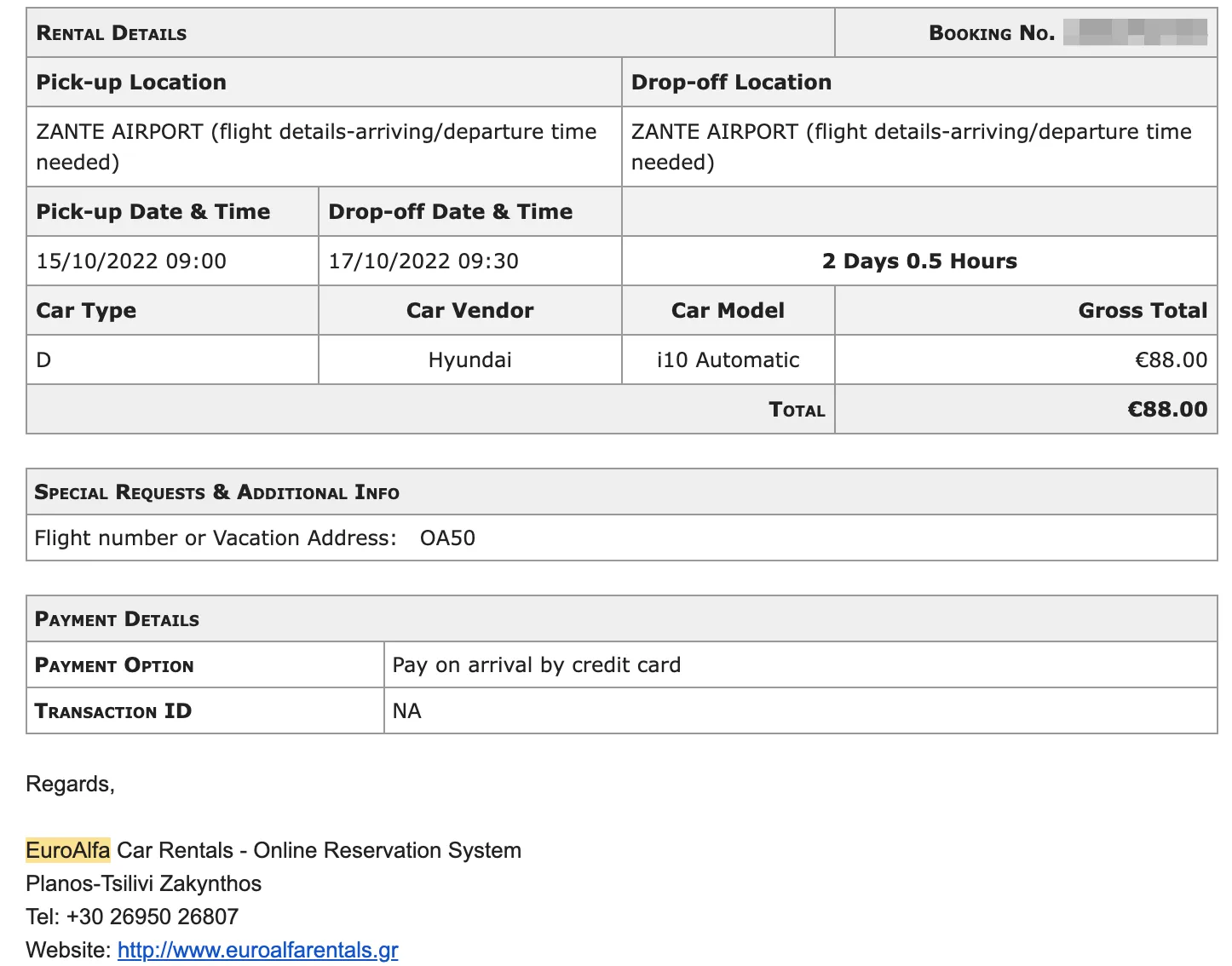 EuroAlfa car rental booking confirmation for Hyundai i10 at Zante Airport, October 2022