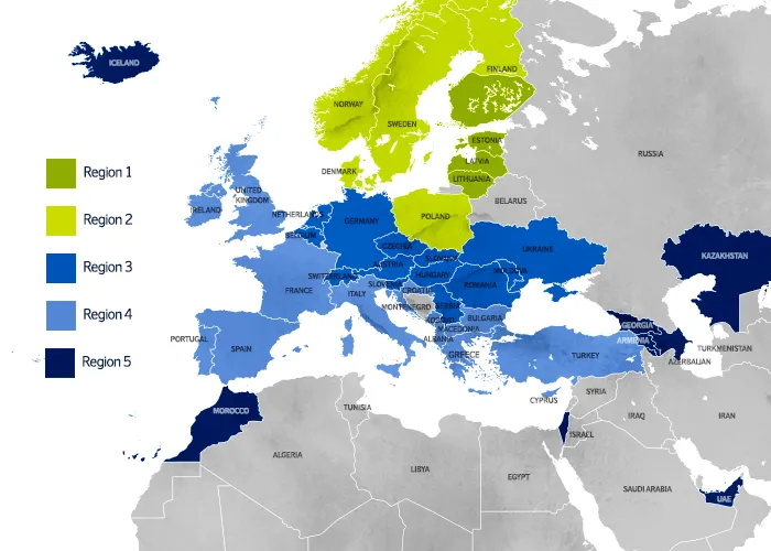 Map of Europe and surrounding regions divided into five color-coded zones (regions 1–5) showing geographic distribution across Scandinavia, Western Europe, Eastern Europe, and the Middle East.