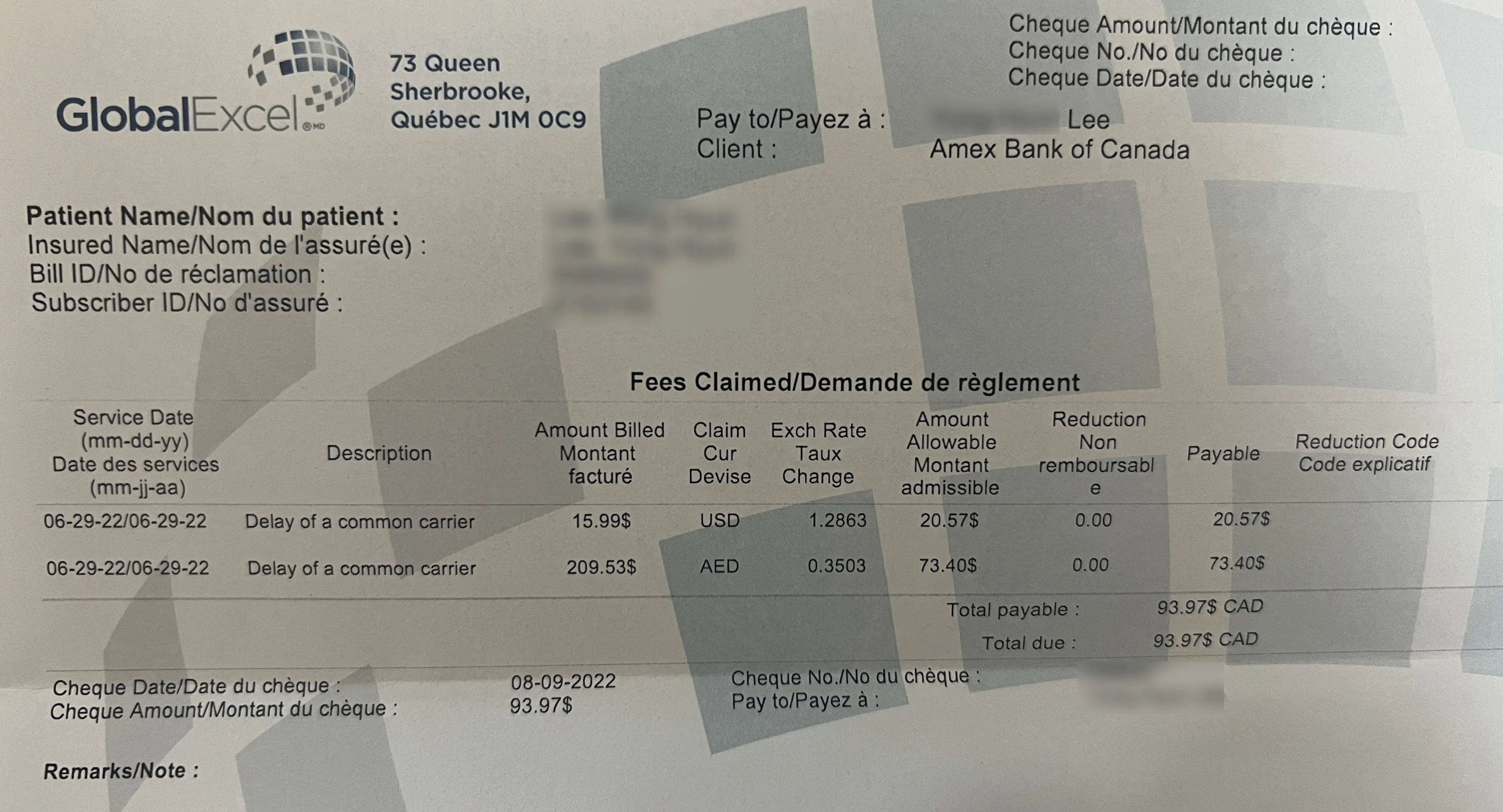 GlobalExcel expense claim cheque from Amex Bank of Canada for medical services in USD and AED, dated August 2022.