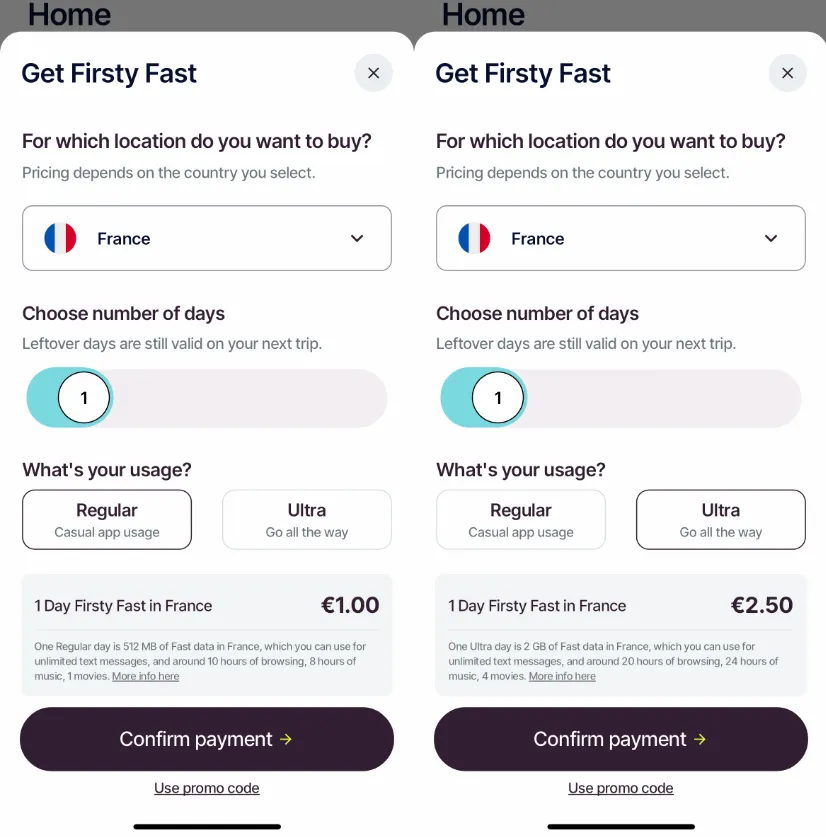 Firsty Fast mobile app purchase interface showing Regular and Ultra data plan options for France