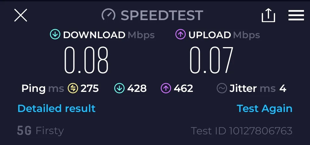 Speedtest app results showing 0.08 Mbps download, 0.07 Mbps upload, 275ms ping on 5G Firsty network