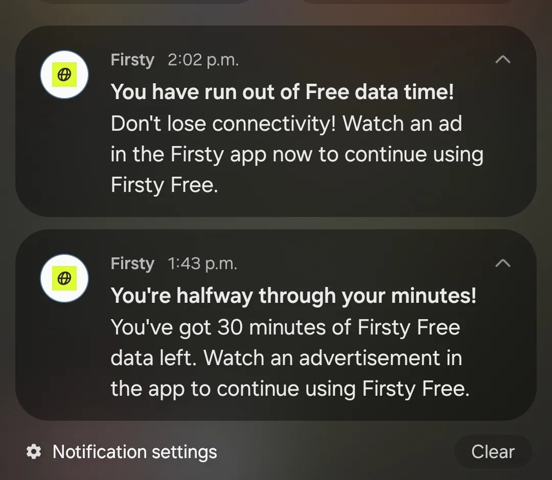 Two Firsty app push notifications about free data limits and remaining minutes