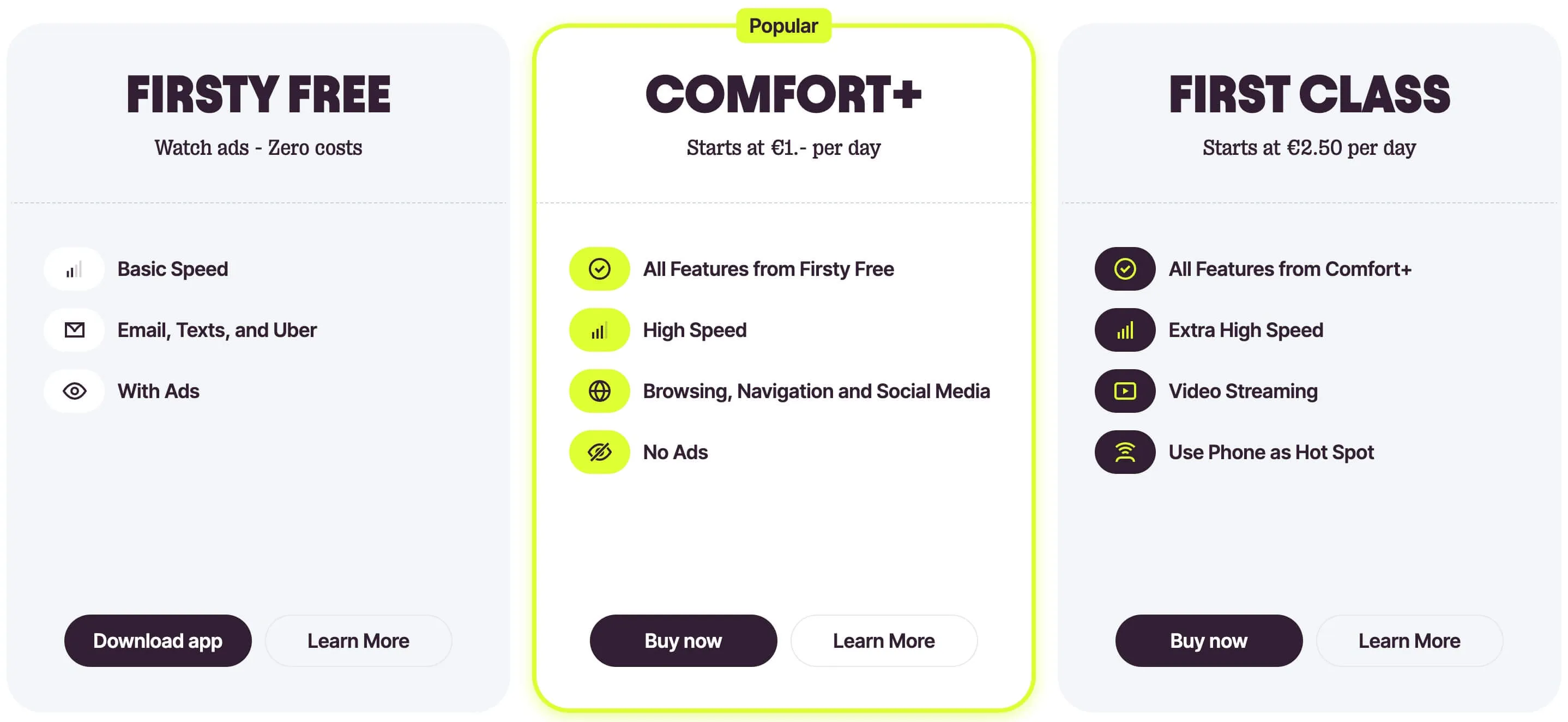 Firsty WiFi pricing plans comparison showing Firsty Free, Comfort+, and First Class tiers with features and daily rates