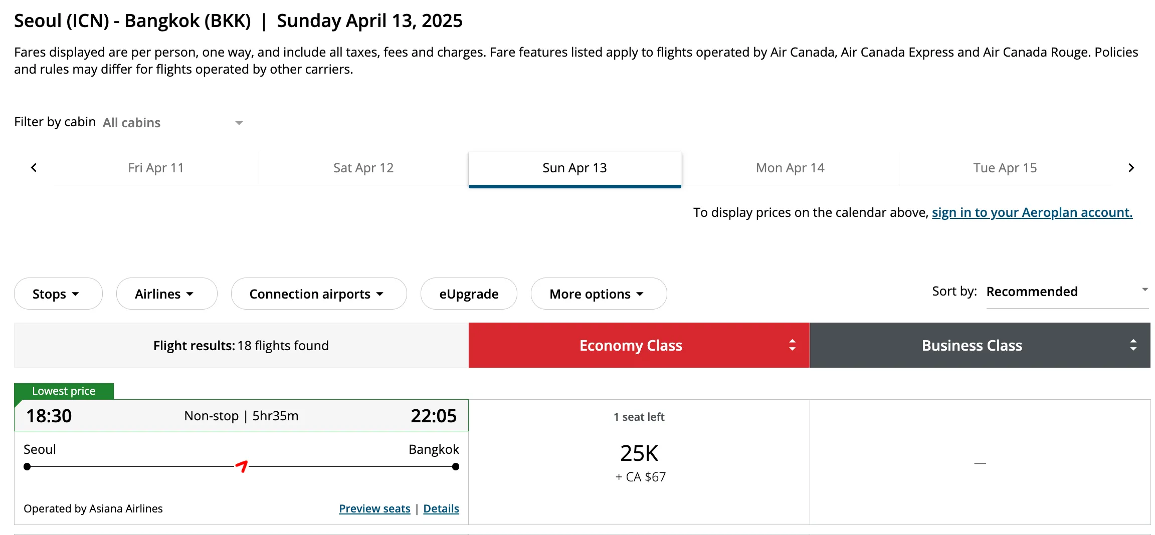Aeromexico flight search results from Seoul to Bangkok on April 13, 2025 showing economy and business class fares
