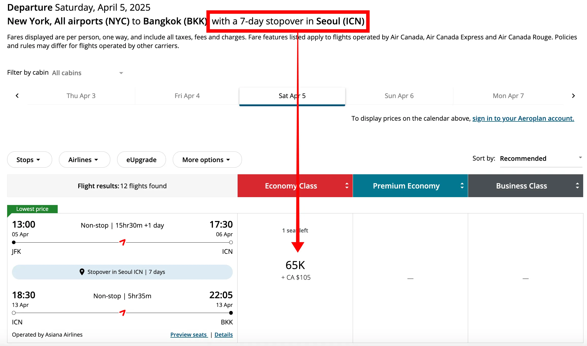 Aeroplan flight search results from New York (JFK) to Bangkok (BKK) with 7-day Seoul stopover option, showing Economy Class fares starting at 65K points.