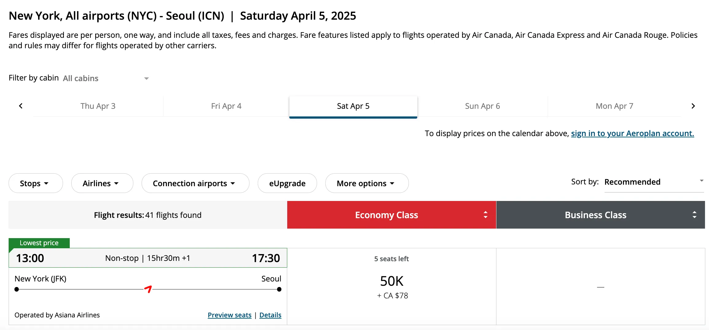 Aeroplan flight search results for New York to Seoul on April 5, 2025 showing economy and business class fares