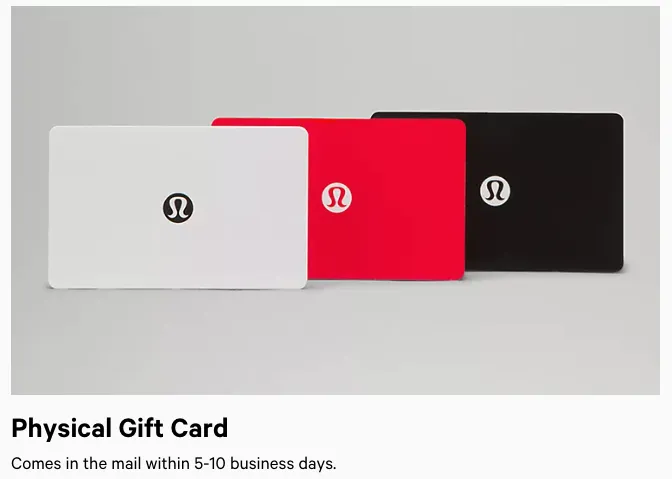 Three Lululemon physical gift cards in white, red, and black with the brand logo