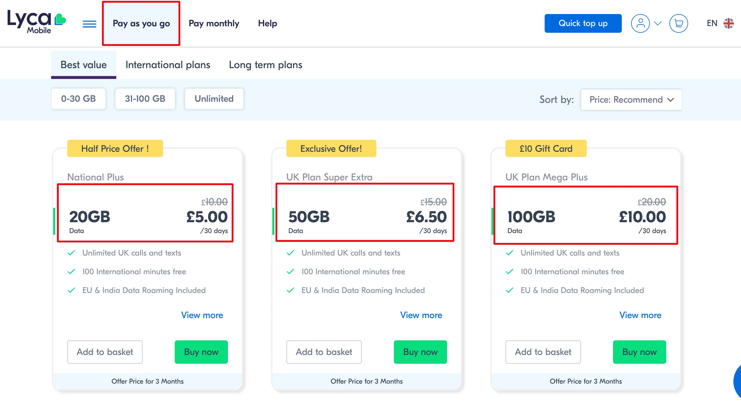 Lyca Mobile UK pricing page showing mobile plans with 20GB, 50GB, and 100GB data options