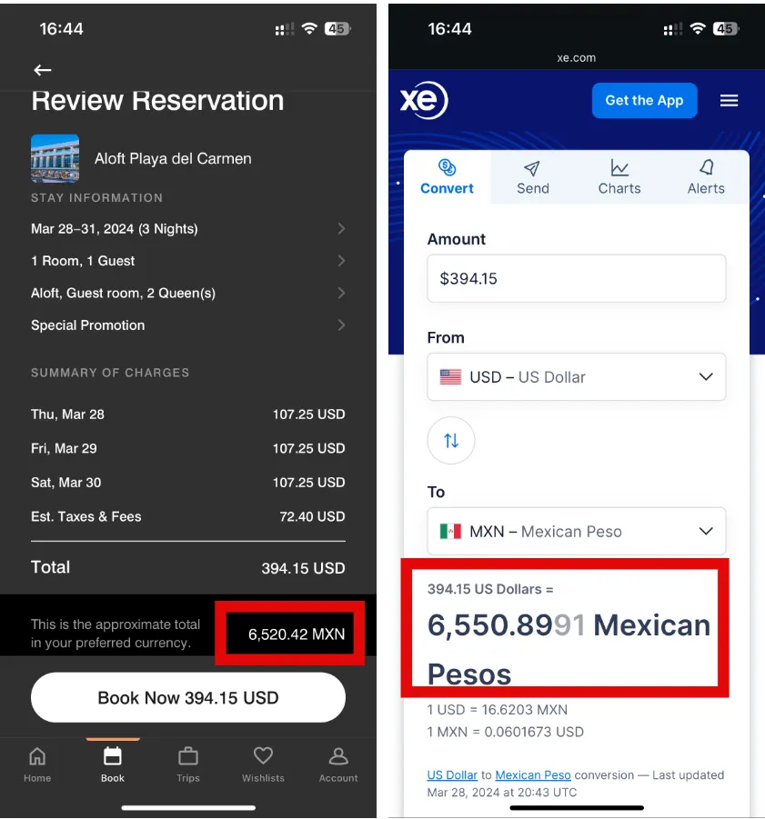 Smartphone screens showing Aloft Playa del Carmen reservation for $394.15 USD and XE.com currency converter to Mexican Pesos.