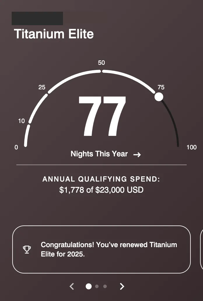 My Marriott Bonvoy account in August 2025: Titanium Elite, 77 nights that year