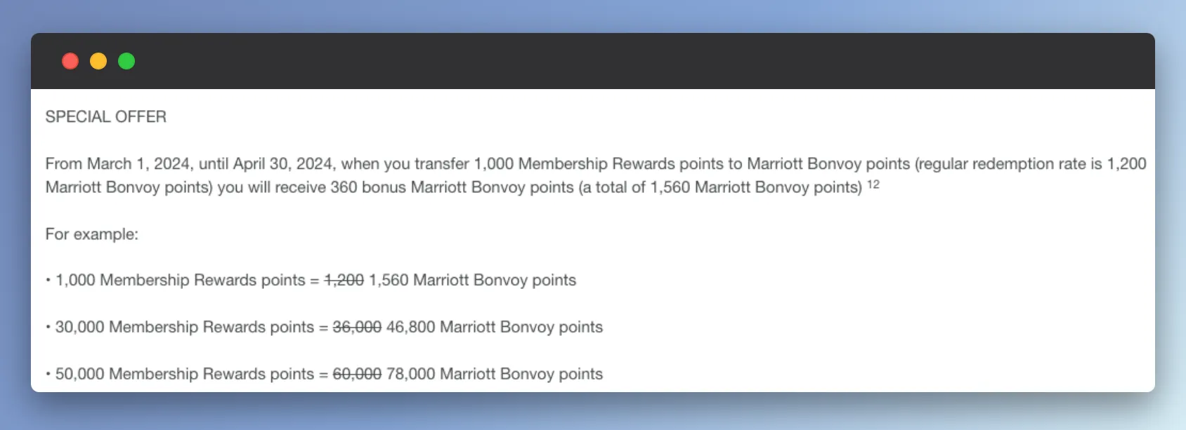 Marriott Bonvoy transfer bonus offer details showing 30% bonus on Membership Rewards to Bonvoy point transfers through April 2024