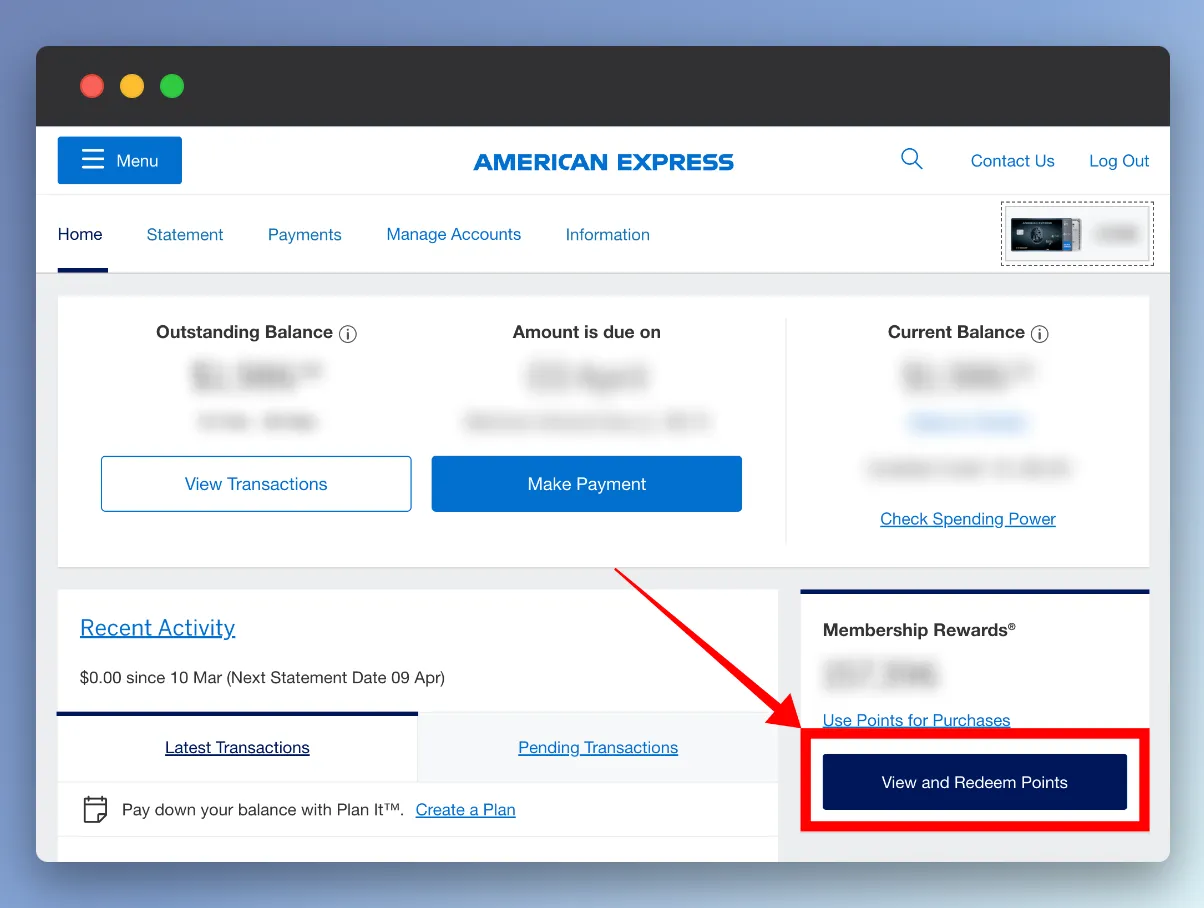 American Express credit card account dashboard with Membership Rewards section and "View and Redeem Points" button highlighted in red