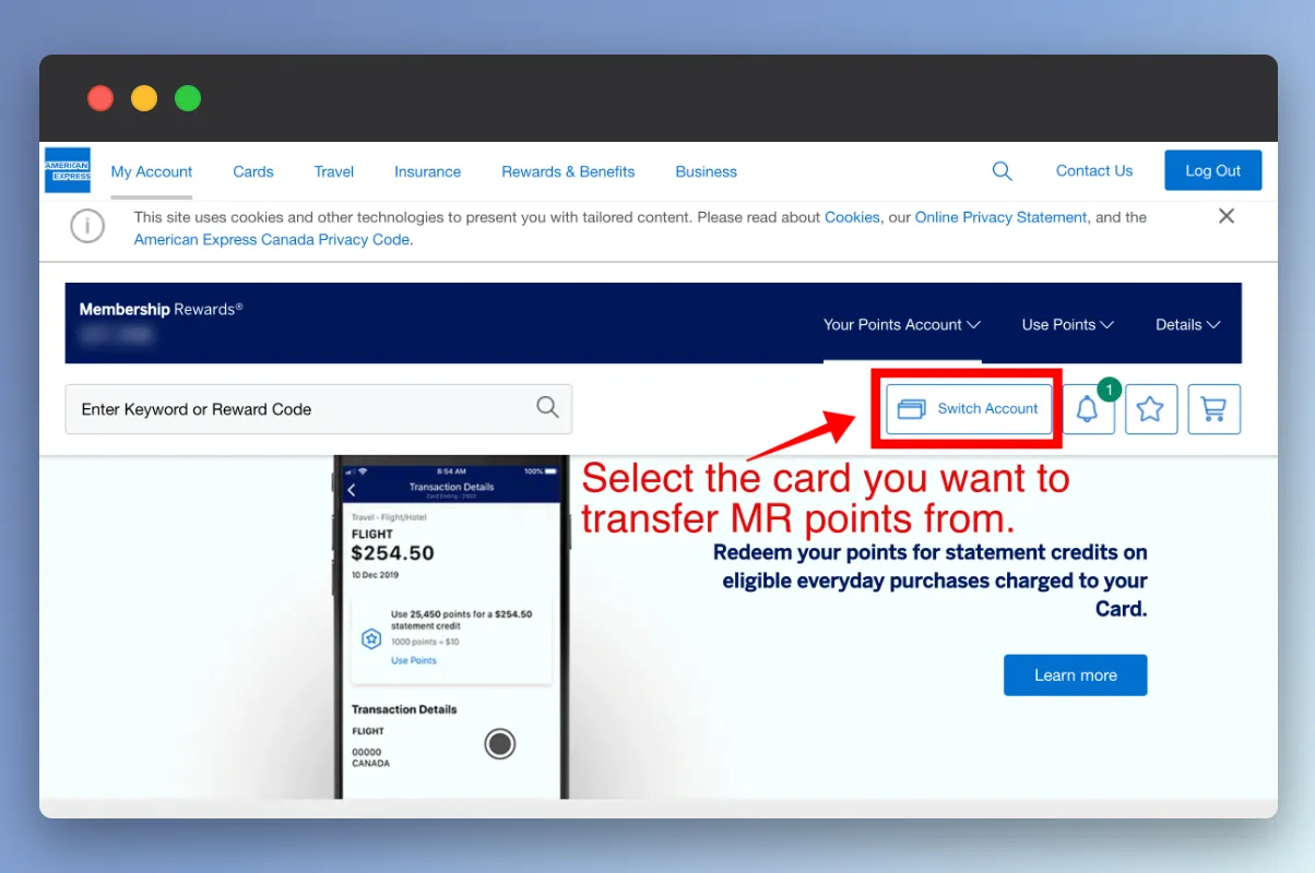American Express Canada Membership Rewards portal showing transfer points interface with red arrow pointing to Switch Account button.