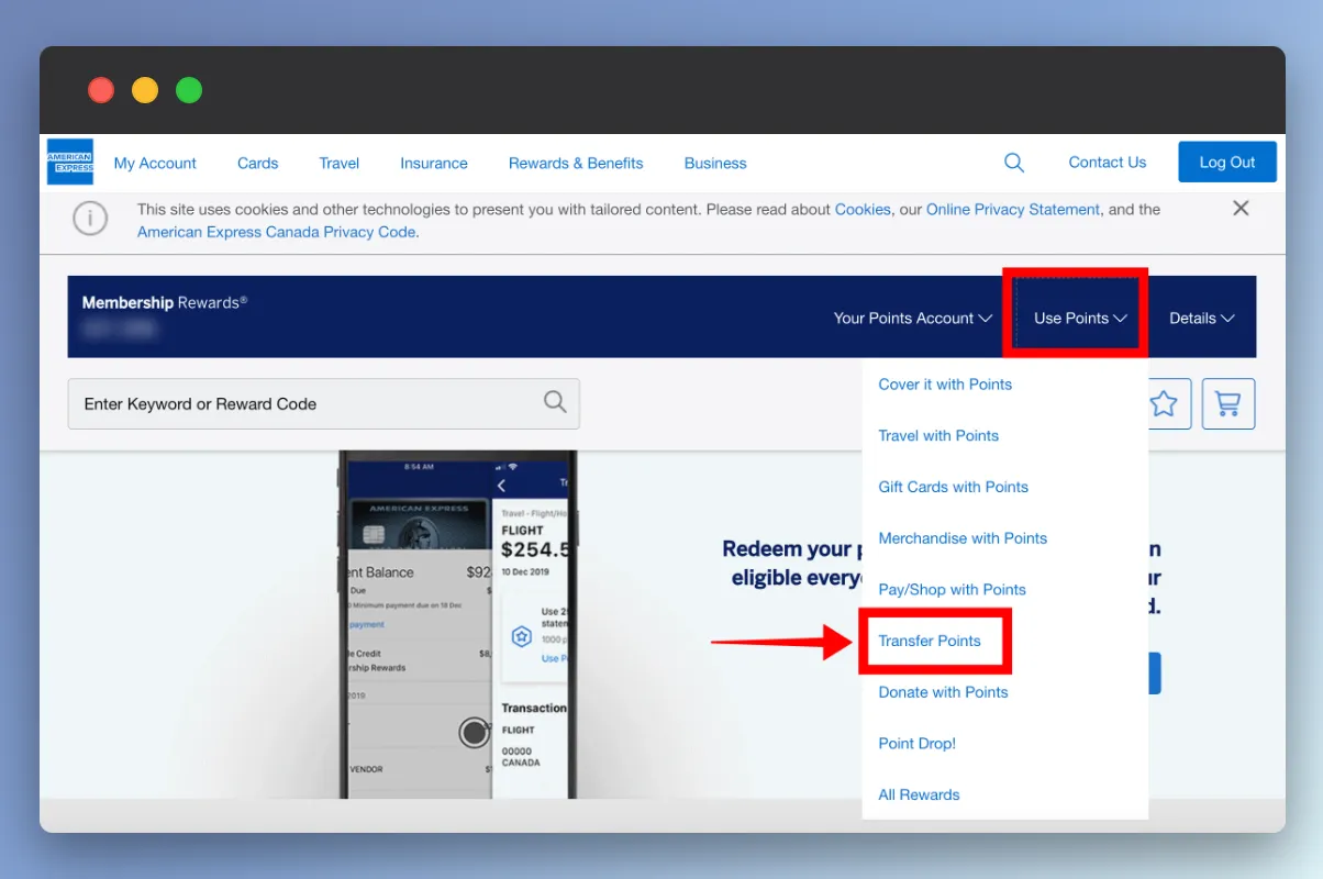American Express Membership Rewards website showing Transfer Points option with mobile app screenshots
