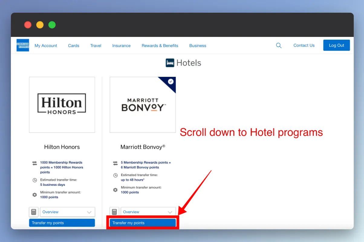 American Express Rewards website showing hotel transfer options to Hilton Honors and Marriott Bonvoy with points transfer details and buttons.