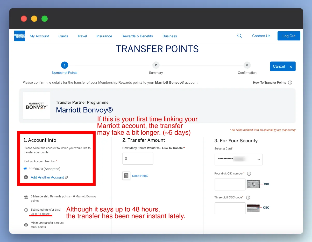 American Express Membership Rewards transfer points to Marriott Bonvoy screen showing Account Info step with red annotation boxes.