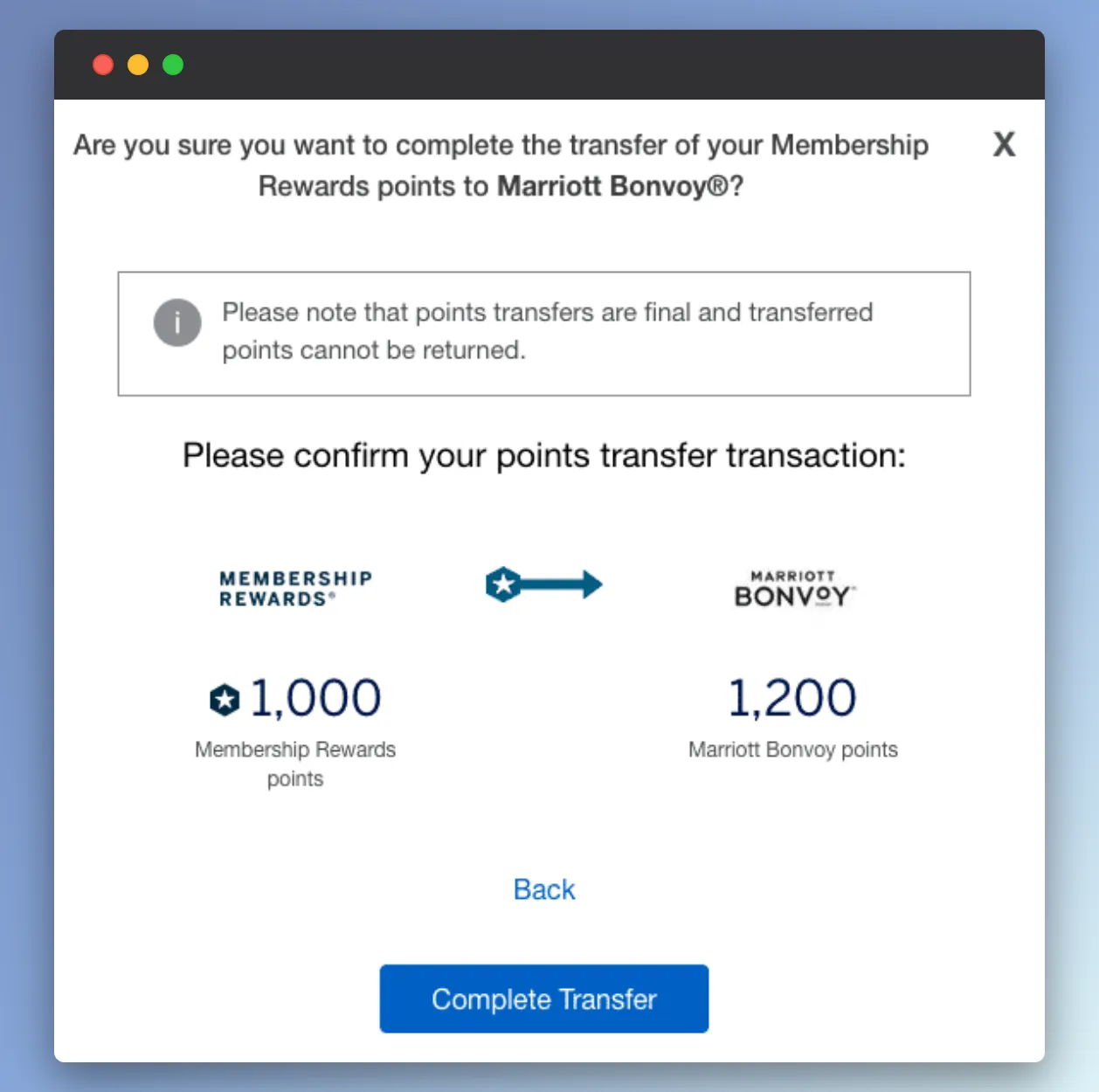 Marriott Bonvoy points transfer confirmation dialog: 1,000 Membership Rewards points converting to 1,200 Marriott Bonvoy points