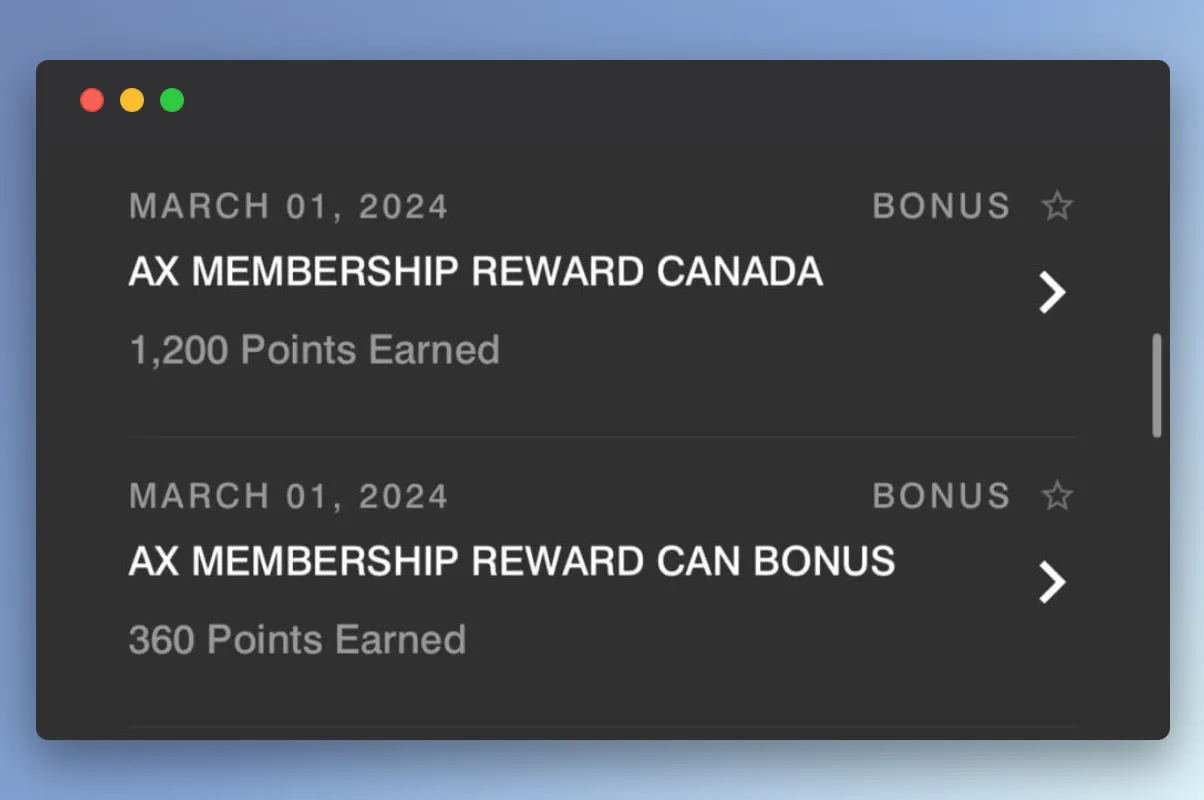 American Express membership reward transactions showing 1,200 and 360 points earned on March 1, 2024
