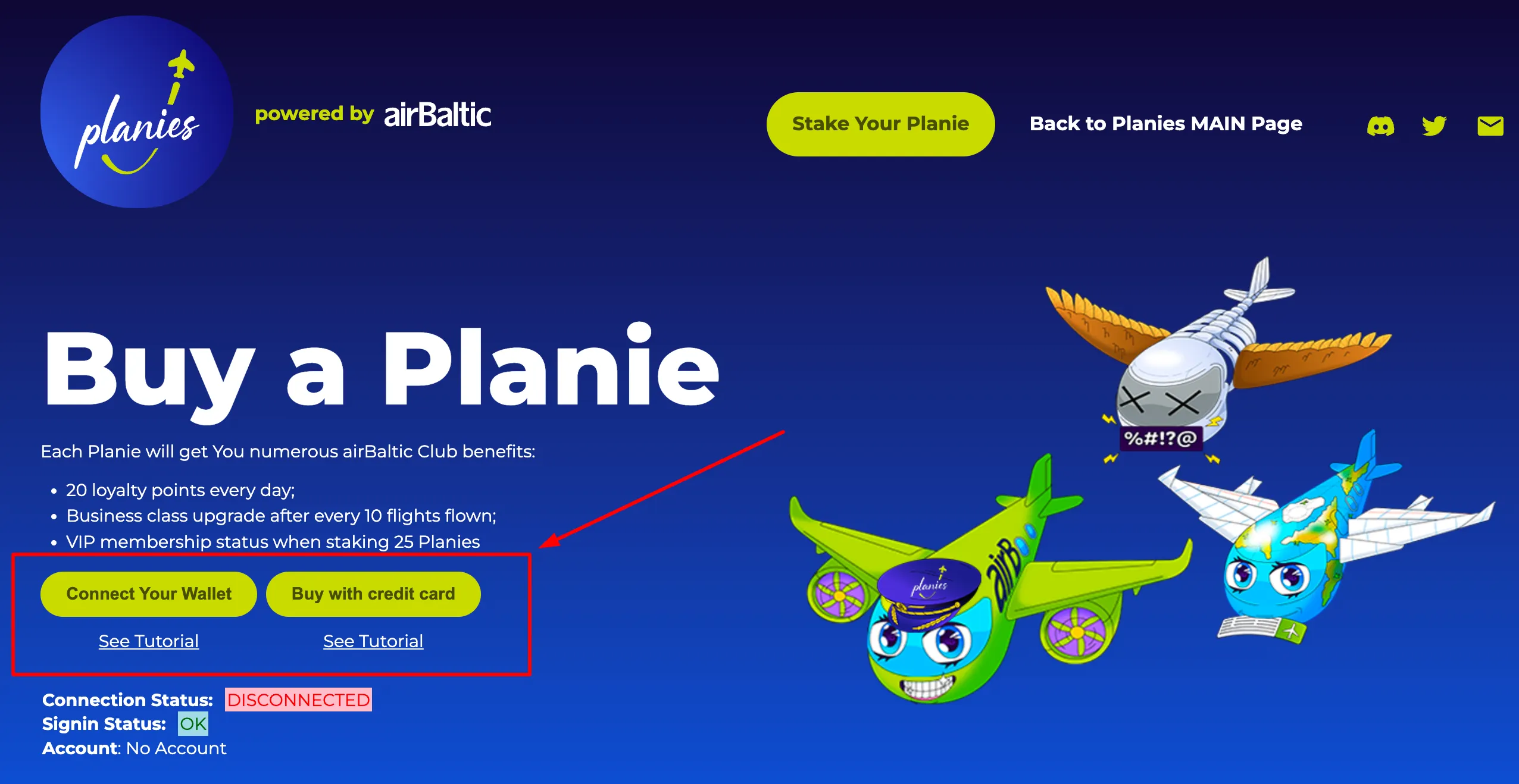 Planies website homepage with "Buy a Planie" heading, powered by airBaltic branding, cartoon aircraft illustrations, and wallet connection options