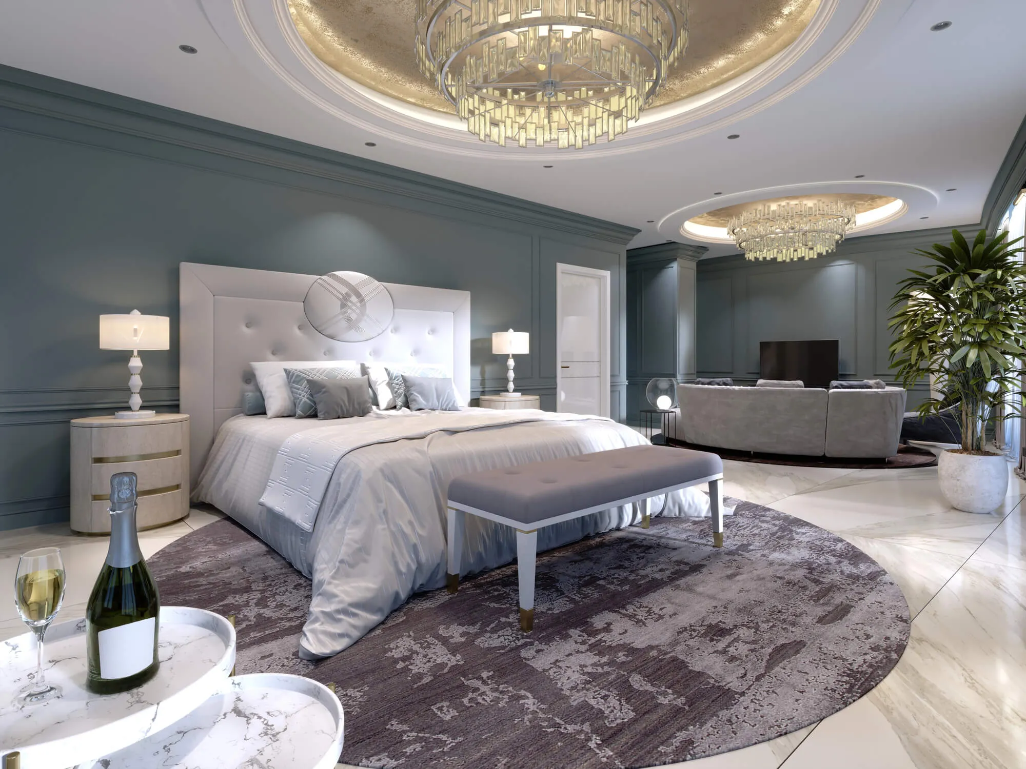 Luxury hotel suite bedroom with sage-green walls, tufted headboard, crystal chandeliers, sitting area, and champagne on marble table.