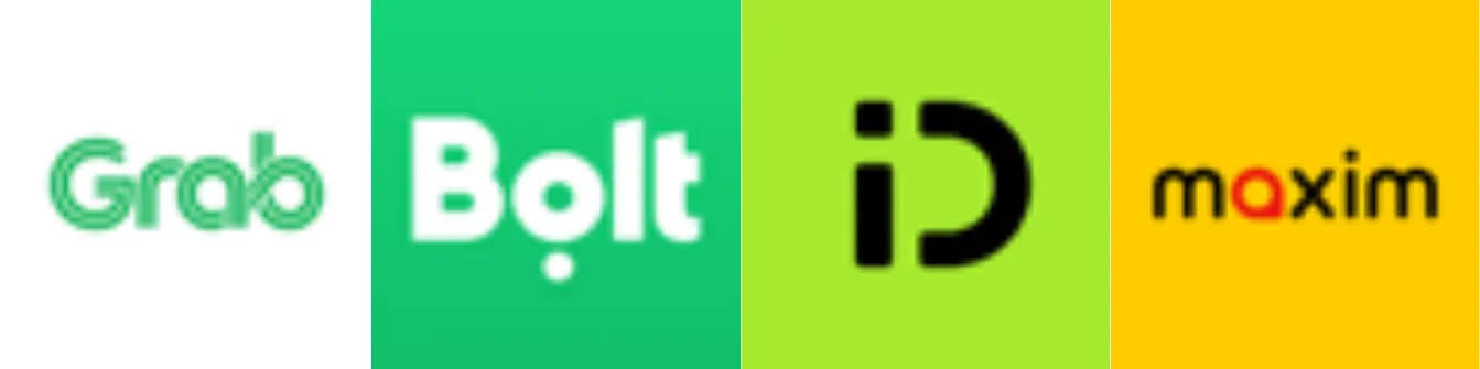 Logos of four rideshare and delivery apps: Grab, Bolt, iD, and Maxim