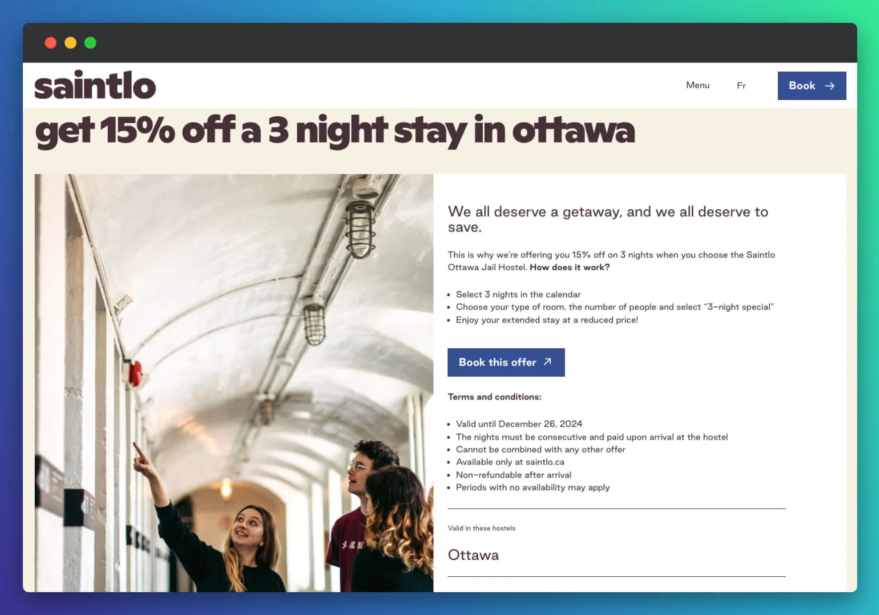 Saintlo hotel website showing 15% off promotion for 3-night Ottawa stay, with two guests in a white hallway corridor