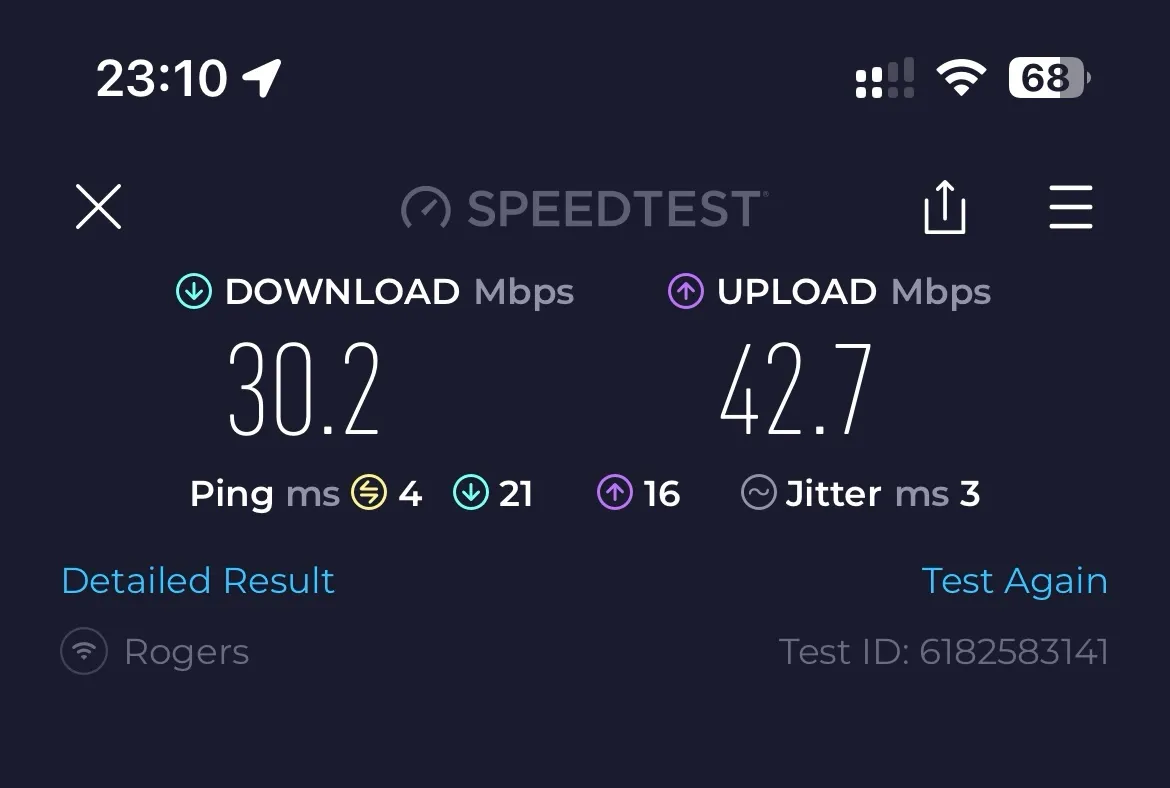 Speedtest results showing 30.2 Mbps download and 42.7 Mbps upload on Rogers network