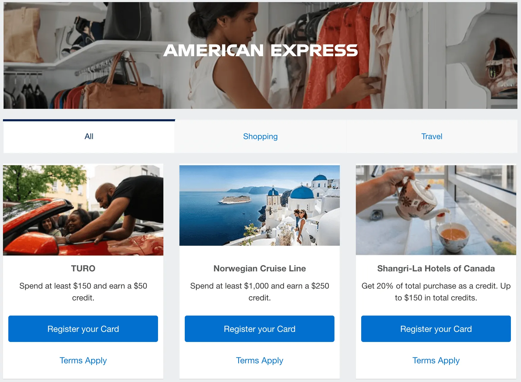 American Express card offers page showing Turo, Norwegian Cruise Line, and Shangri-La Hotels promotions