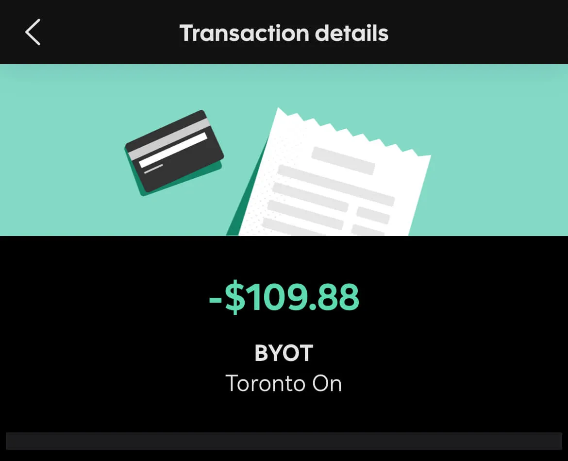 Mobile app transaction details screen showing -$109.88 charge to BYOT in Toronto, Ontario