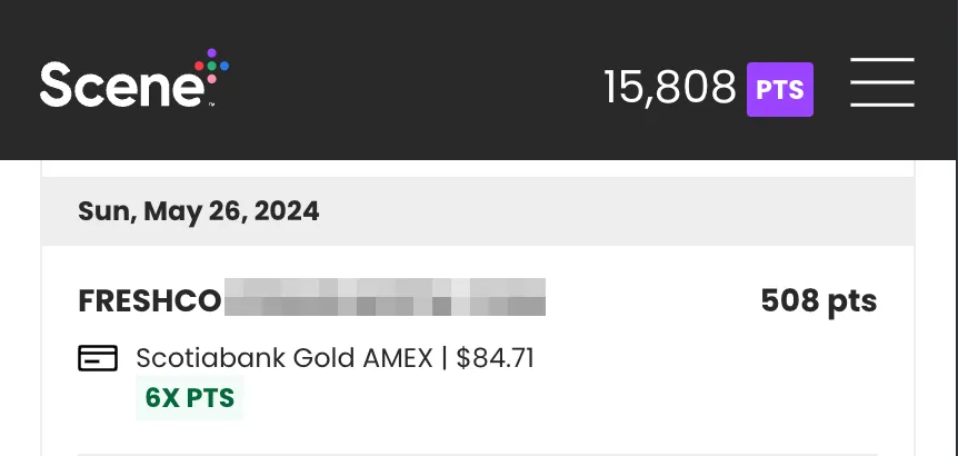 Scotiabank Gold AMEX credit card earning 6x points on a Freshco purchase of $84.71