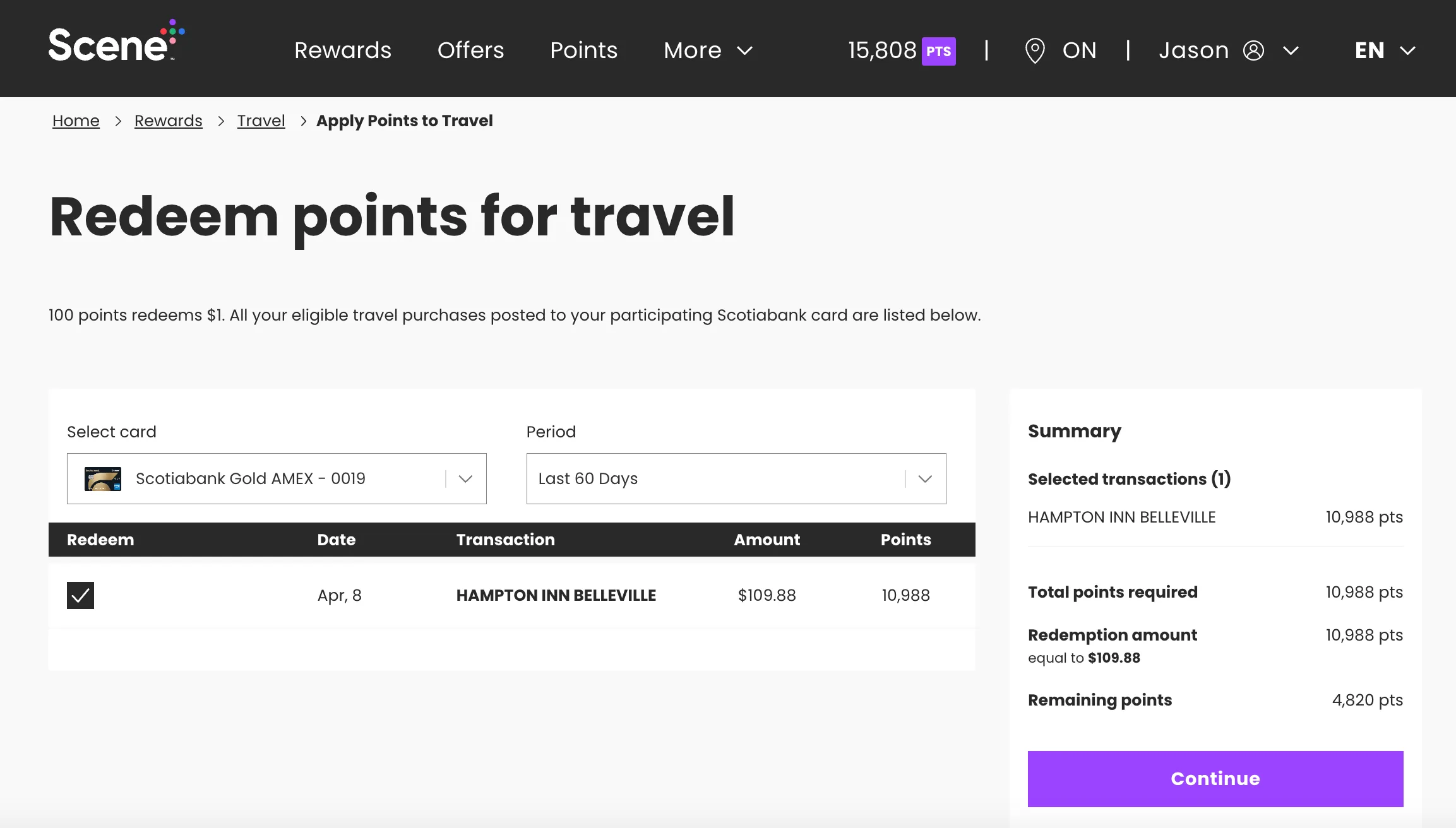 Scotiabank Gold AMEX rewards portal showing points redemption for a Hampton Inn stay, 10,988 points equal $109.88