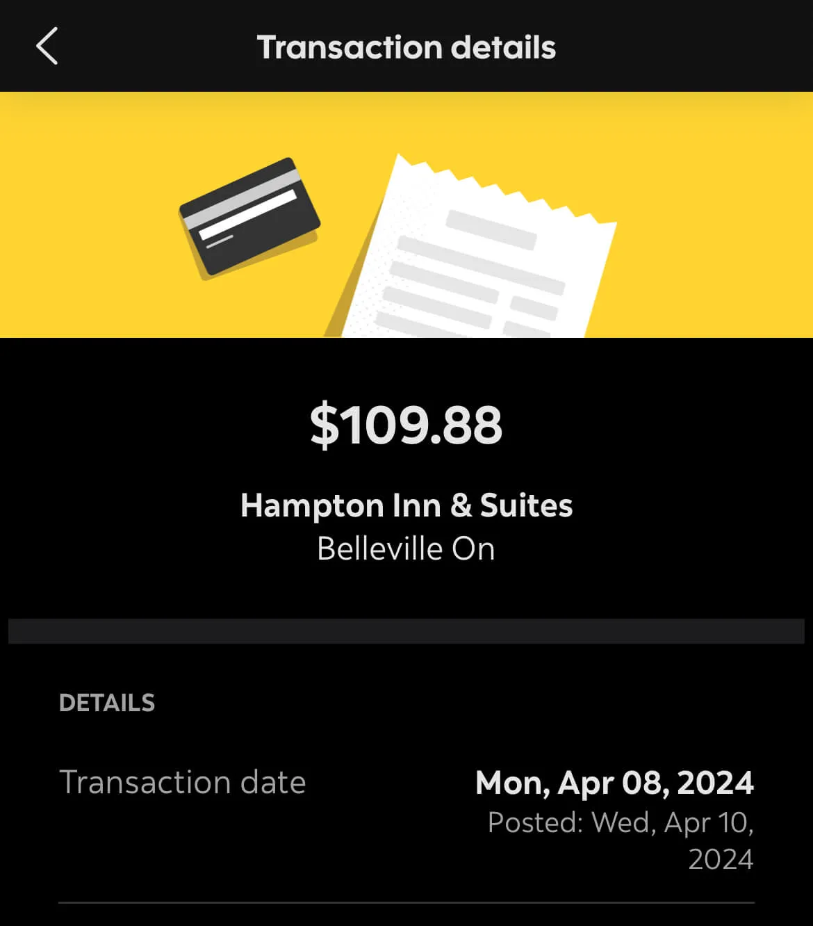 Credit card transaction details screen showing $109.88 Hampton Inn & Suites charge in Belleville, Ontario